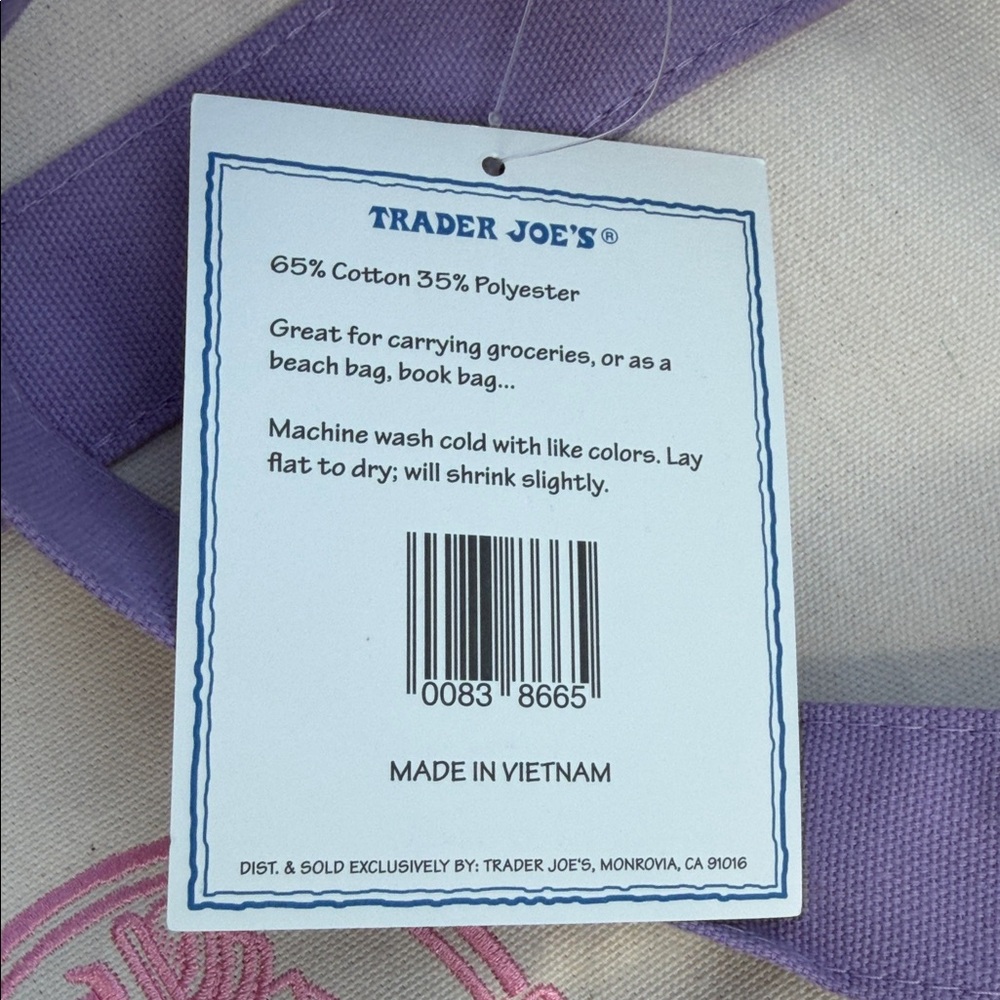 Lavender and Cream Canvas Tote Bag- Trader Joe’s - Picture 2 of 2